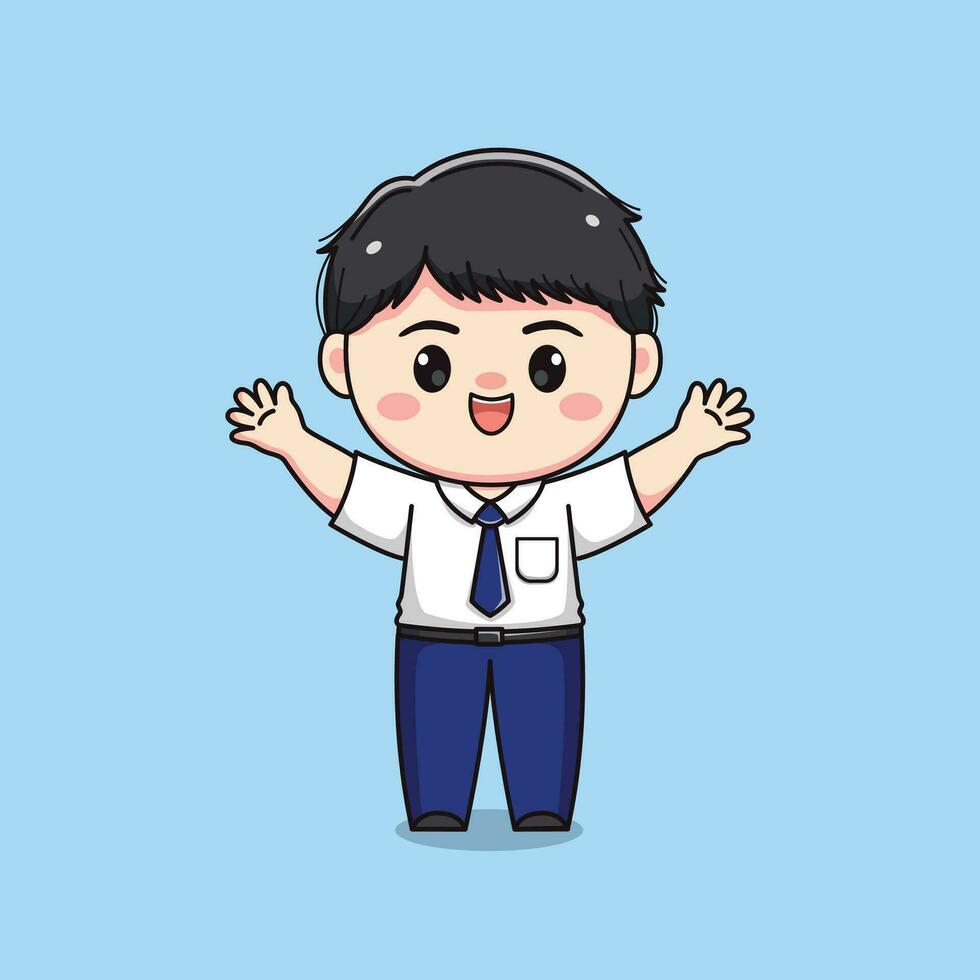 middle school student waving hands cute kawaii boy character vector