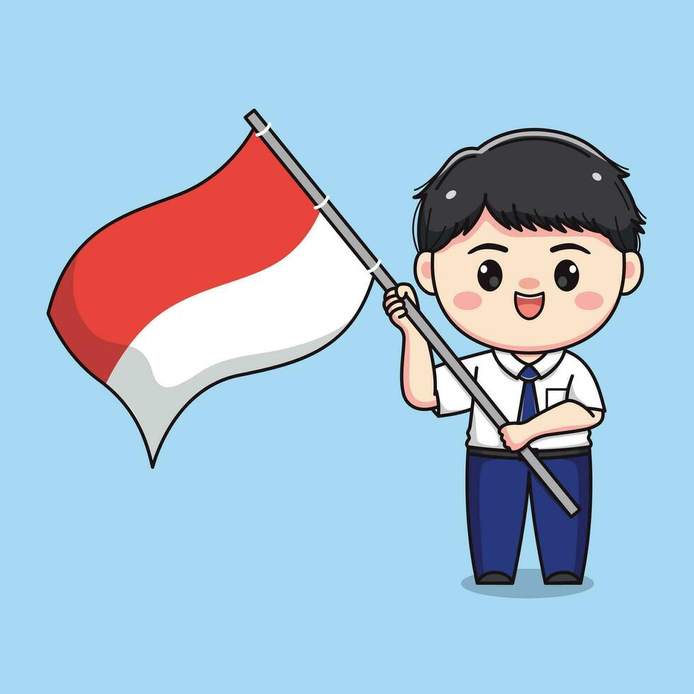 Indonesian student middle school holding flag cute kawaii boy character vector