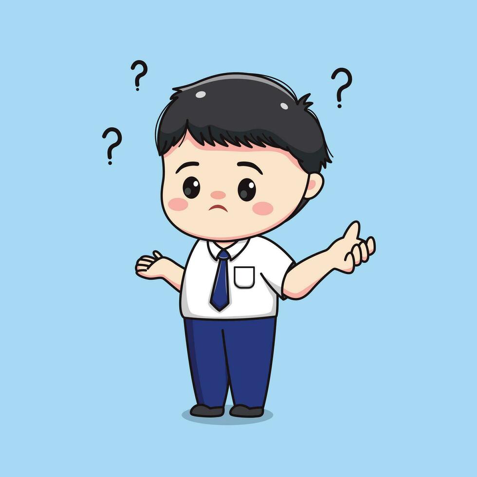 middle school student feeling confused or has a question cute kawaii boy character vector