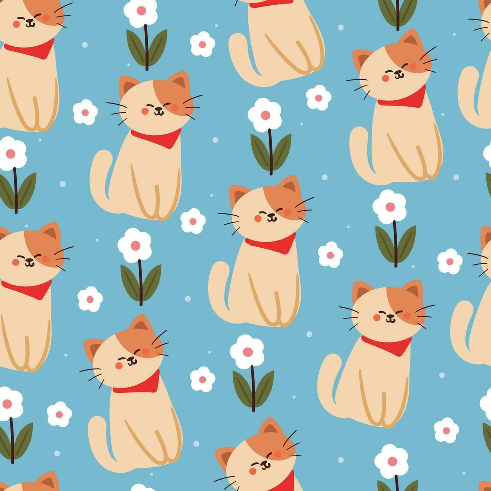 seamless pattern cartoon cat and flower. cute animal wallpaper for textile, gift wrap paper vector