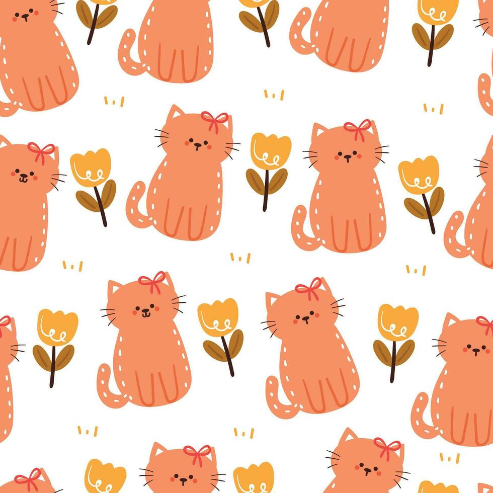 seamless pattern cartoon cat and flower. cute animal wallpaper for textile, gift wrap paper vector