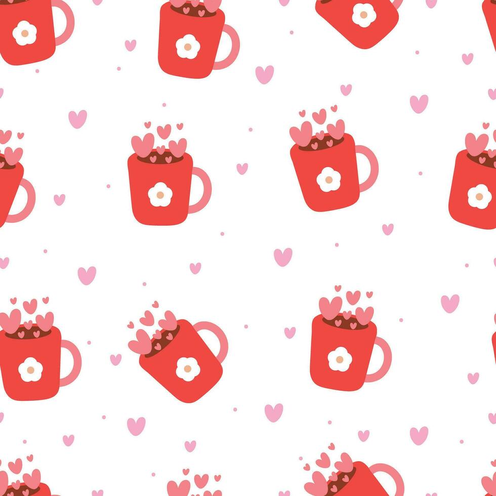 sin costura modelo dibujos animados taza lleno de corazones. linda enamorado fondo de pantalla vector