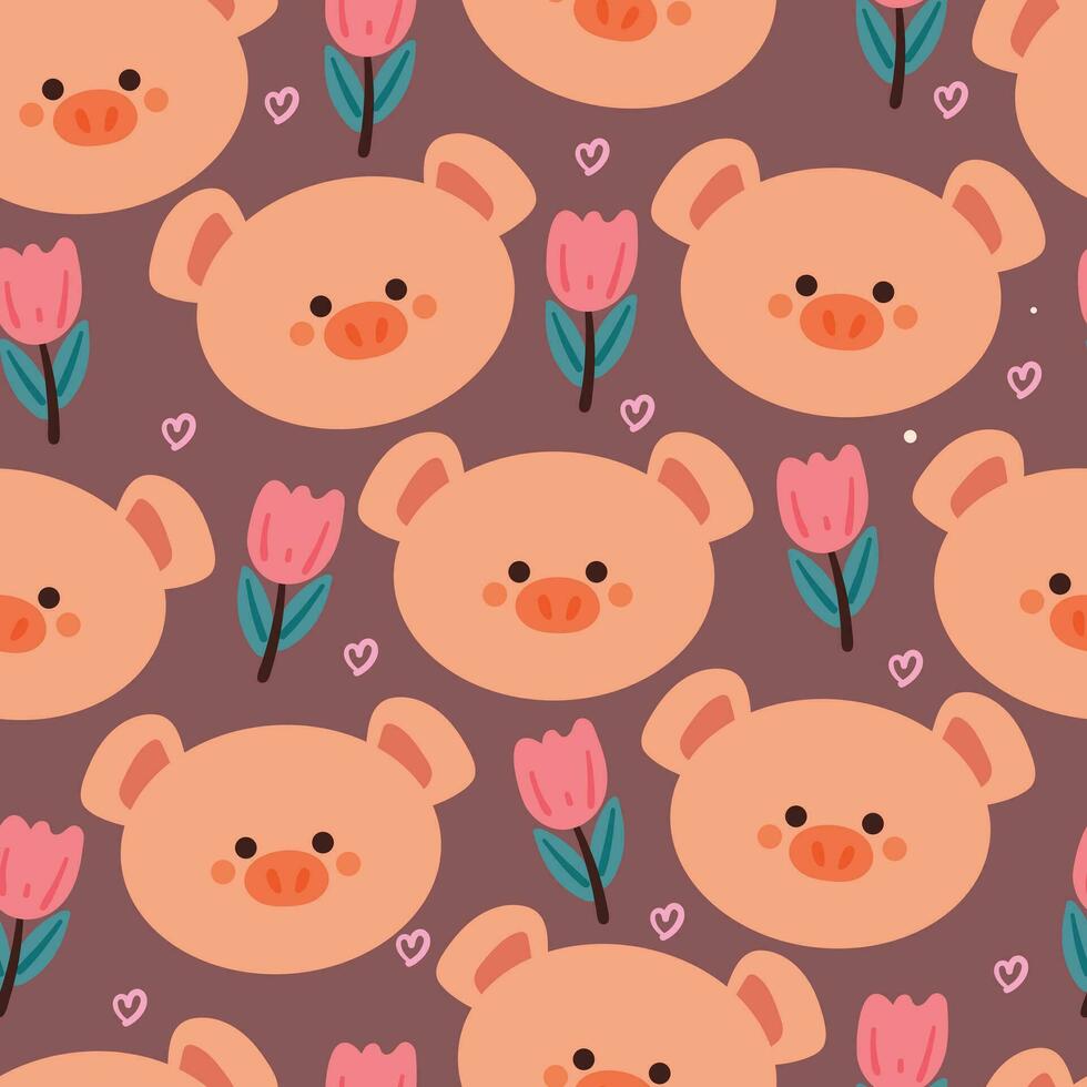 seamless pattern cartoon pig and flower. cute animal wallpaper for textile, gift wrap paper vector