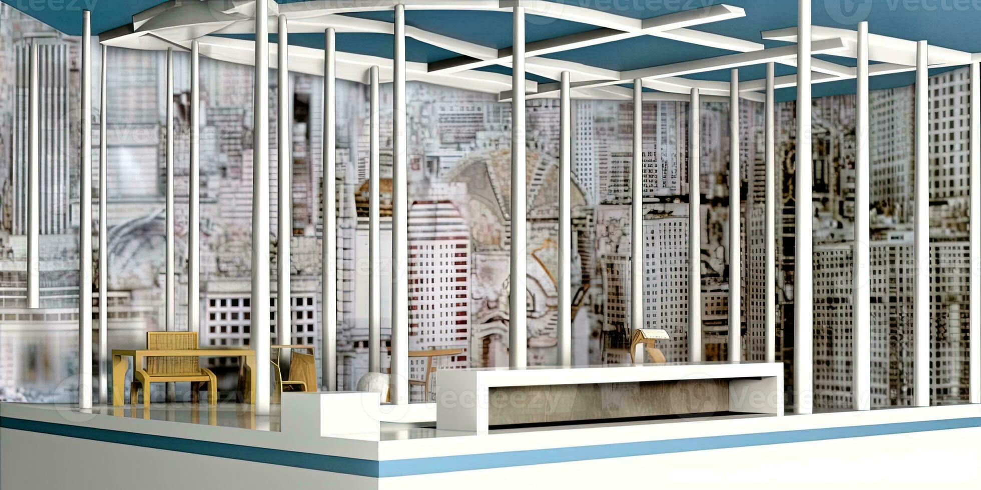 AI Generated White CEO office interior with a white table, an arch like window and a bookcase. Generative AI. photo