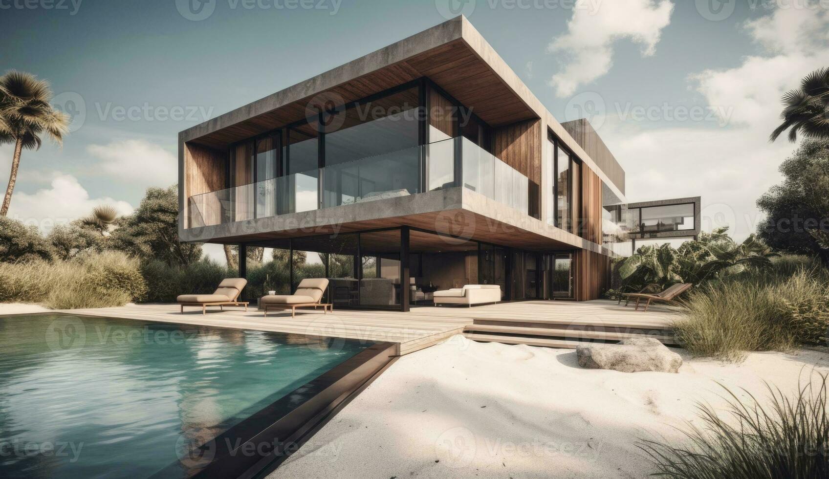 AI Generated Design house - modern villa with open plan living and private bedroom wing. Large terrace with privacy and, swimming pool. Generative AI. photo