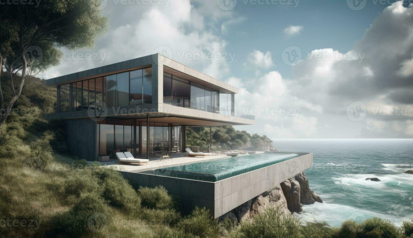 AI Generated Design house - modern villa with open plan living and private bedroom wing. Large terrace with privacy and, swimming pool. Generative AI. photo