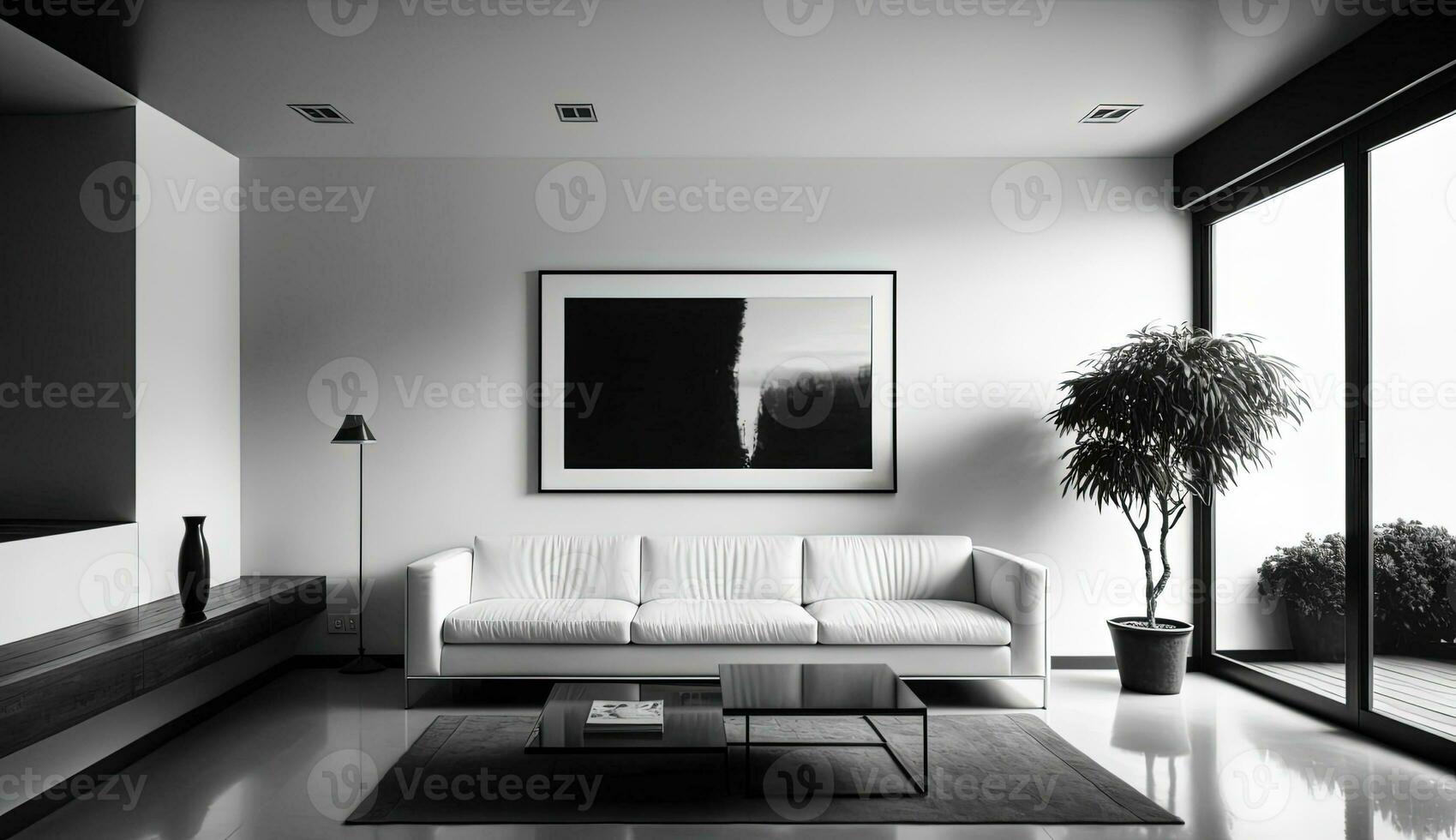 AI Generated modern minimalistic interior design of light bright monochrome room with black and white furniture, clean white walls and huge windows.Generative AI. photo