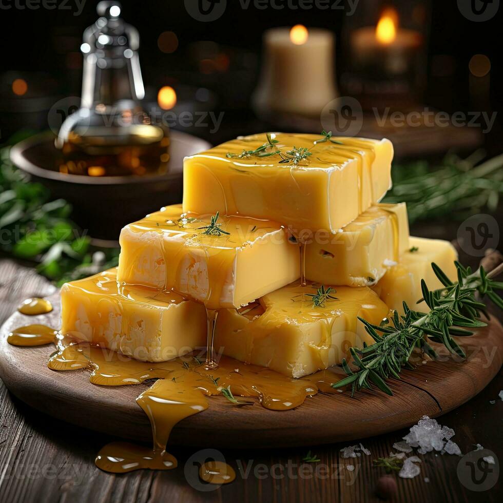 AI Generated Cheese mix on wooden plate still-life. Ai Generative. photo