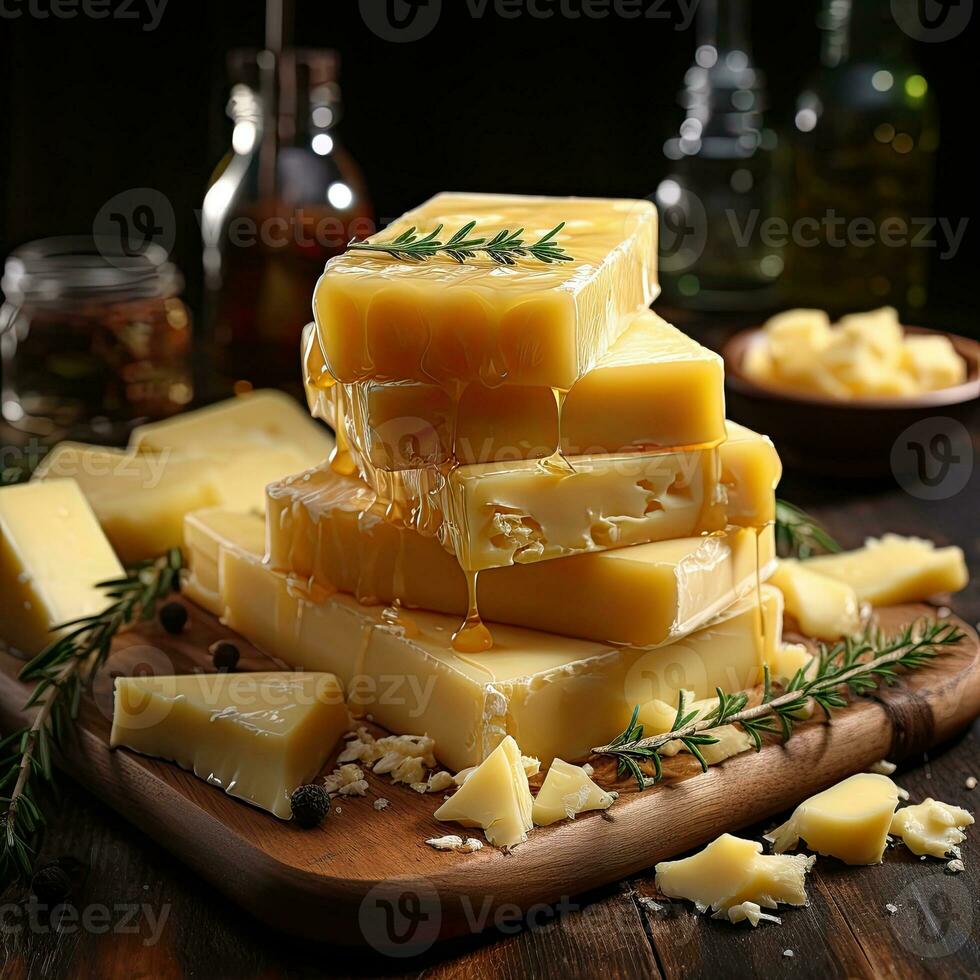 AI Generated Cheese mix on wooden plate still-life. Ai Generative. photo