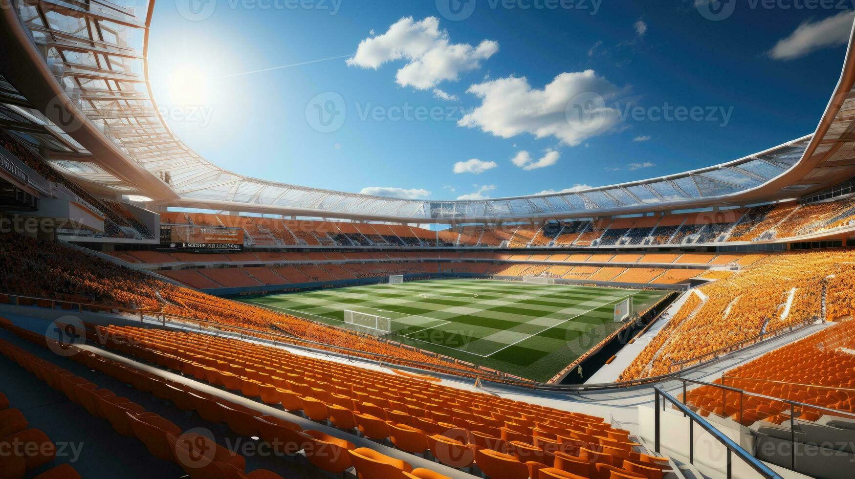 AI Generated High Angle Establishing Shot. Stadium with Soccer Championship Match. Teams Play, Crowds of Fans Cheer. Football Cup Tournament. Sport Channel Concept, Screen Content. Wide Shot. AI photo