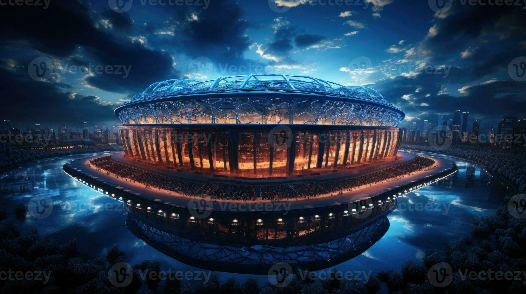 AI Generated High Angle Establishing Shot. Stadium with Soccer Championship Match. Teams Play, Crowds of Fans Cheer. Football Cup Tournament. Sport Channel Concept, Screen Content. Wide Shot. AI photo