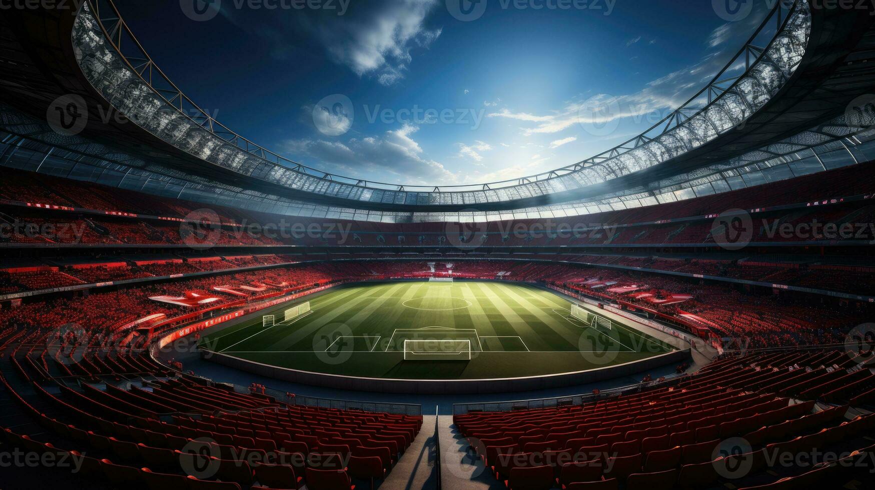 AI Generated High Angle Establishing Shot. Stadium with Soccer Championship Match. Teams Play, Crowds of Fans Cheer. Football Cup Tournament. Sport Channel Concept, Screen Content. Wide Shot. AI photo