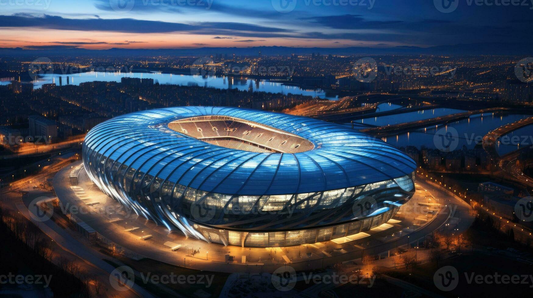 AI Generated High Angle Establishing Shot. Stadium with Soccer Championship Match. Teams Play, Crowds of Fans Cheer. Football Cup Tournament. Sport Channel Concept, Screen Content. Wide Shot. AI photo