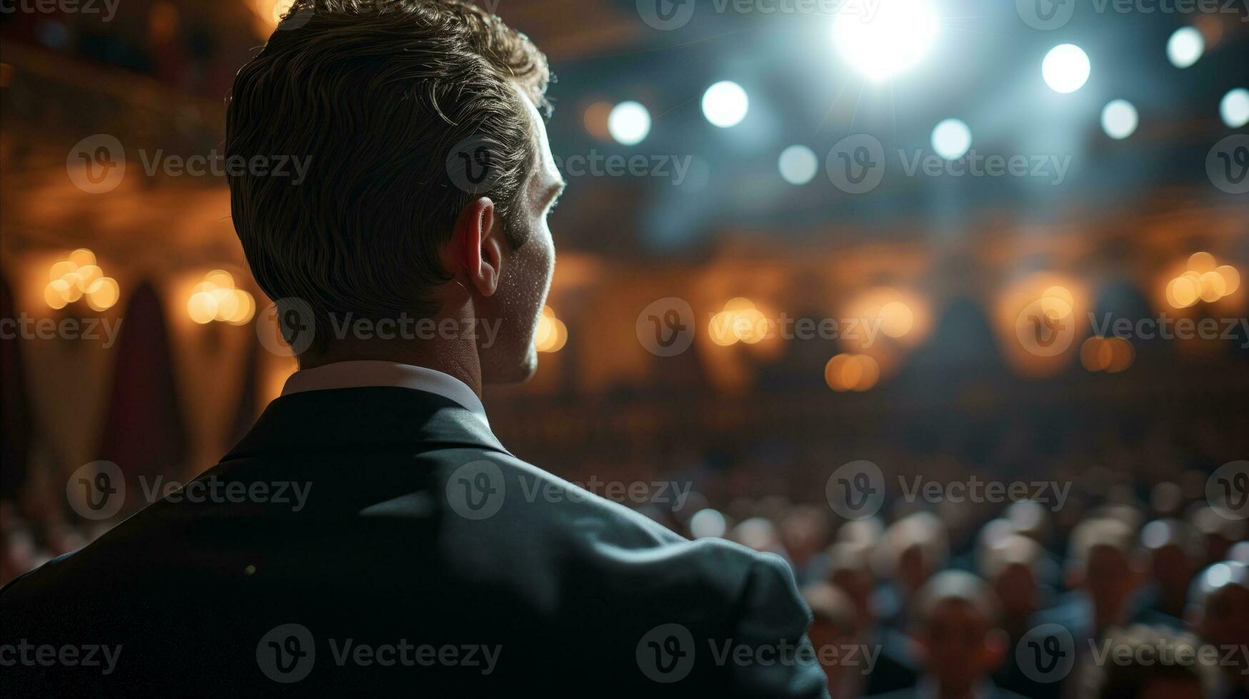 AI generated Confident businessman addressing an audience at a conference event photo