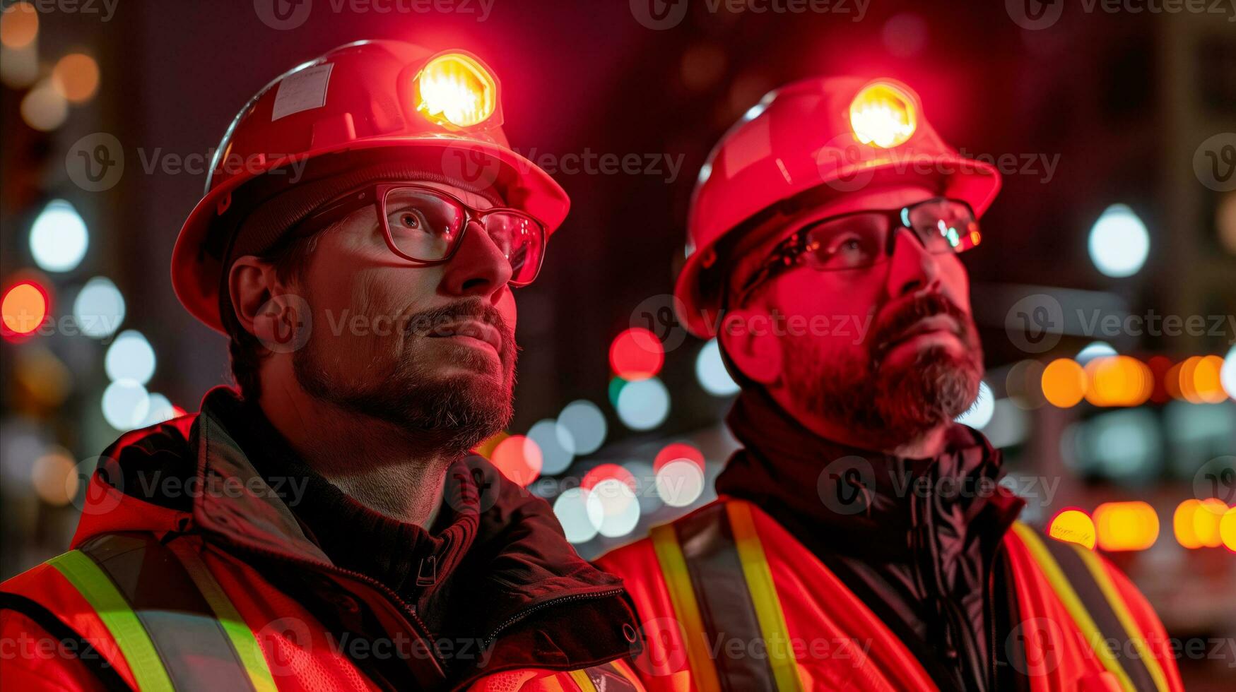 AI generated Two workers wearing hard hats standing in a city lights. Generative AI photo