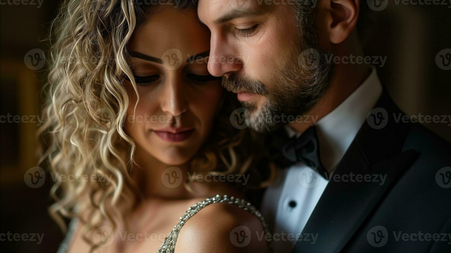 AI generated Elegant couple embracing in a tender moment, intimate evening event photo