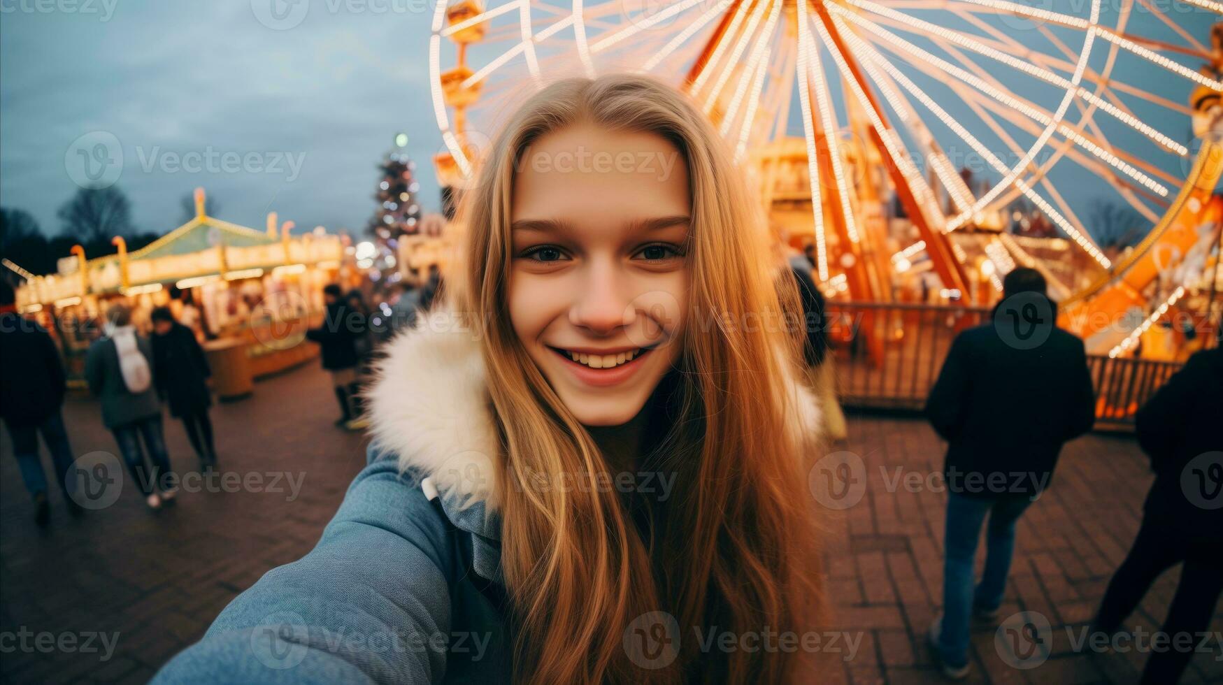 AI generated A woman taking a selfie in front of colorful carnival toys. photo