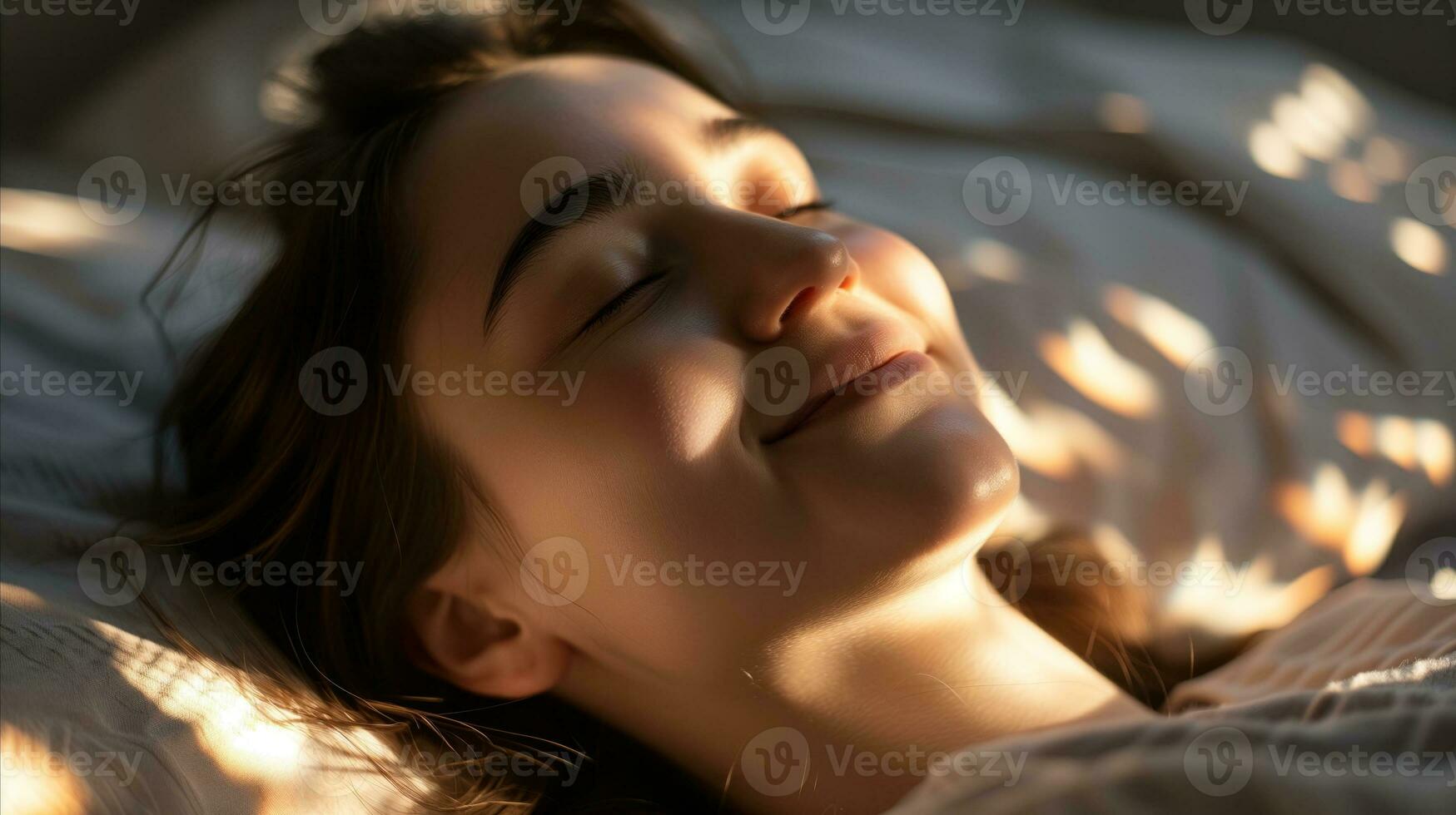 AI generated A woman lying in bed with a smile on her face. Generative AI photo