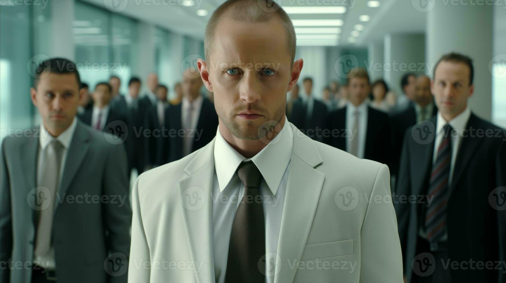 AI generated A man in a suit and tie leads a group of people in a formal setting. photo