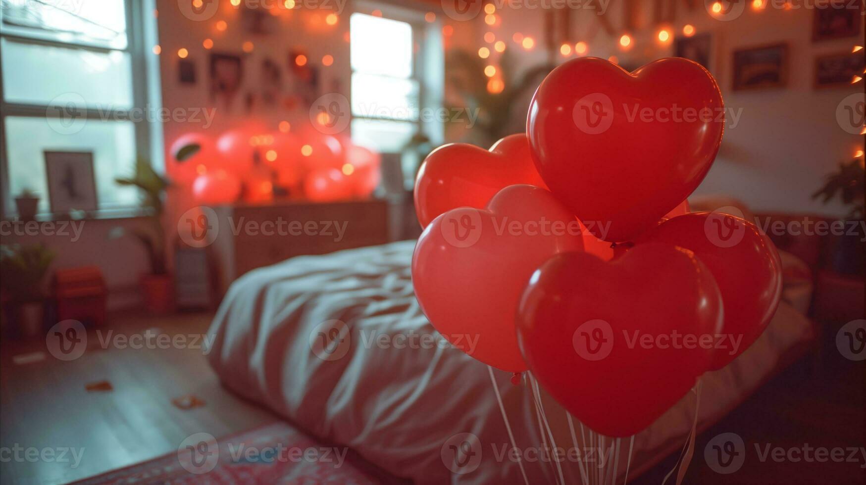 AI generated A bed adorned with vibrant red balloons, creating a whimsical and playful atmosphere. photo