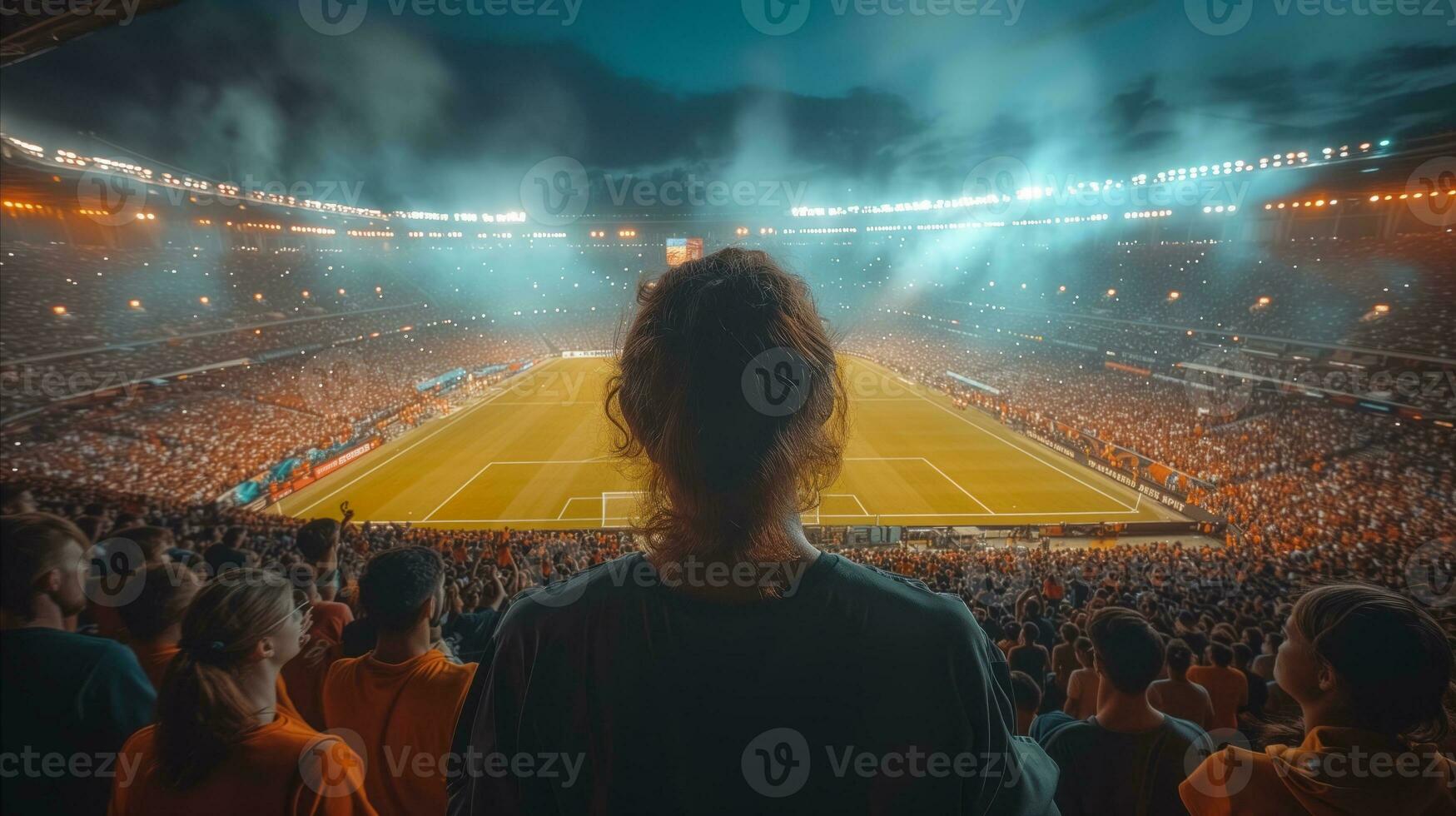 AI generated Spectator enjoying atmosphere at stadium during nighttime football match photo