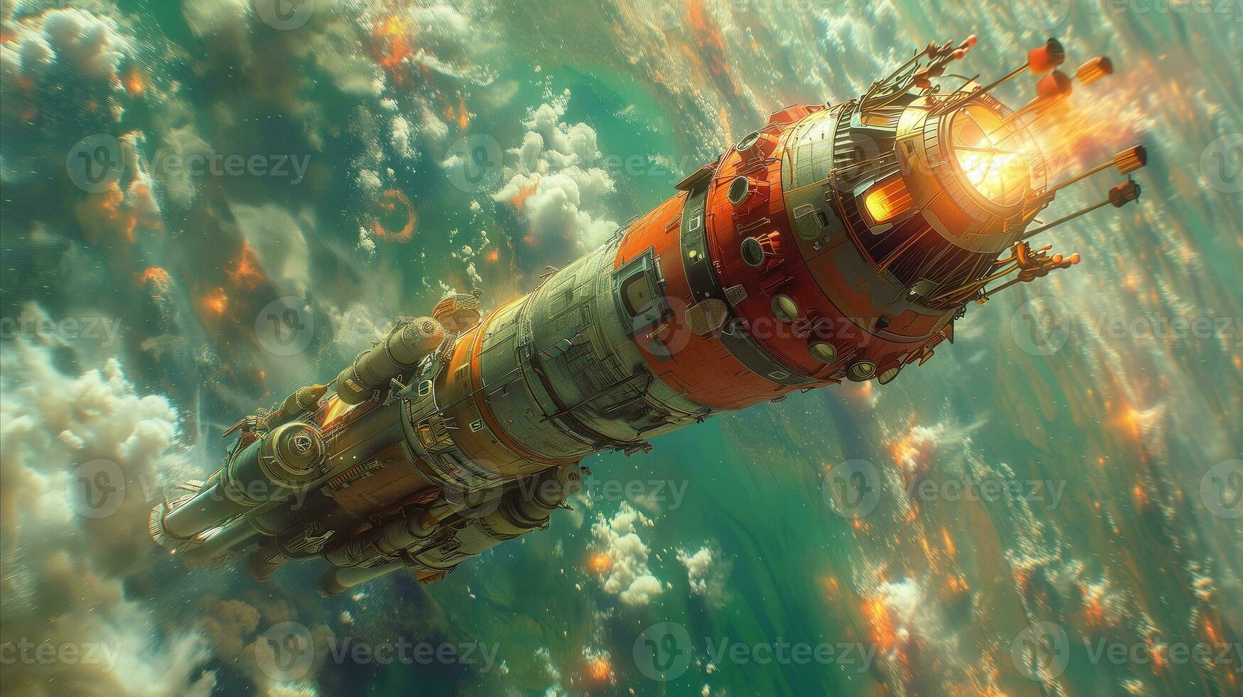 AI generated Futuristic spaceship entering atmosphere with fire and smoke illustration photo