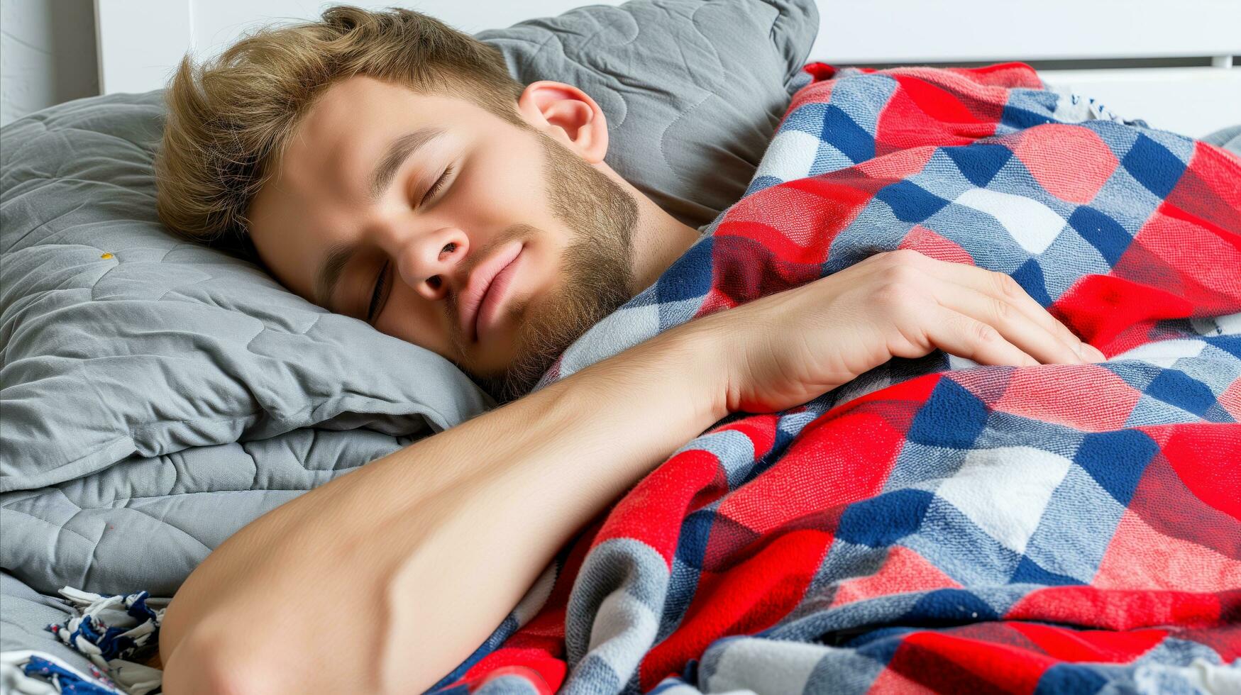 AI generated Man sleeping under blanket with good sleep. Generative AI photo