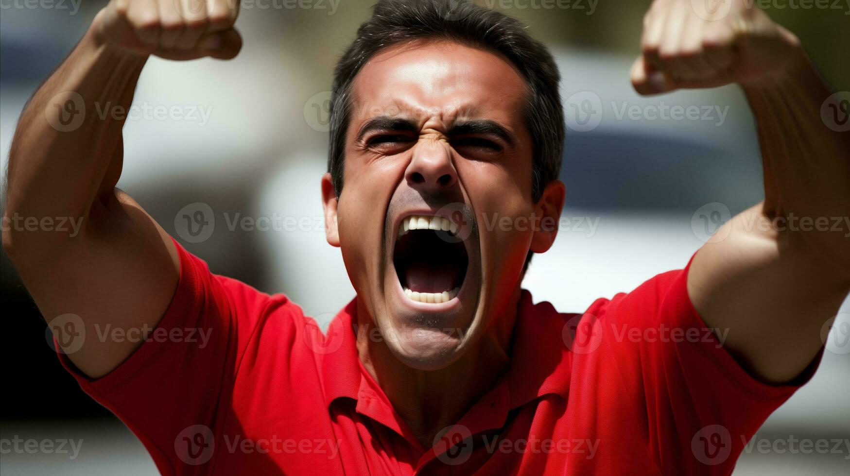 AI generated A man triumphantly raises his fist in the air, expressing determination and victory. Generative AI photo