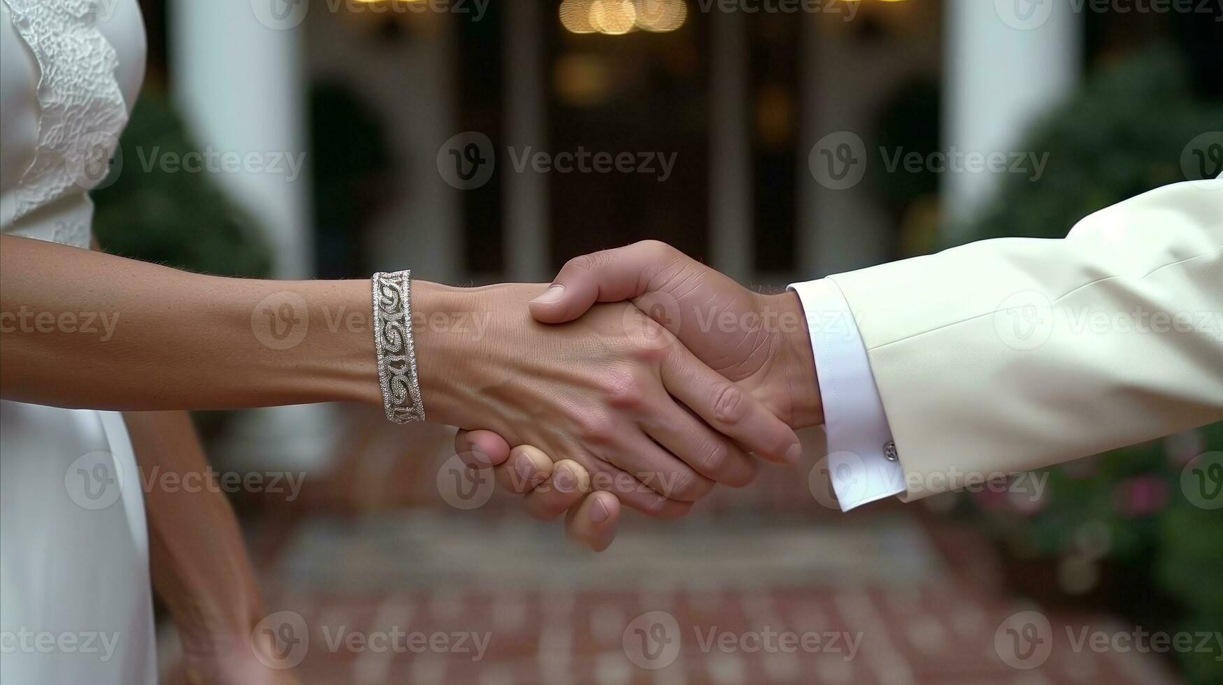 AI generated Bride and groom shaking hands. photo