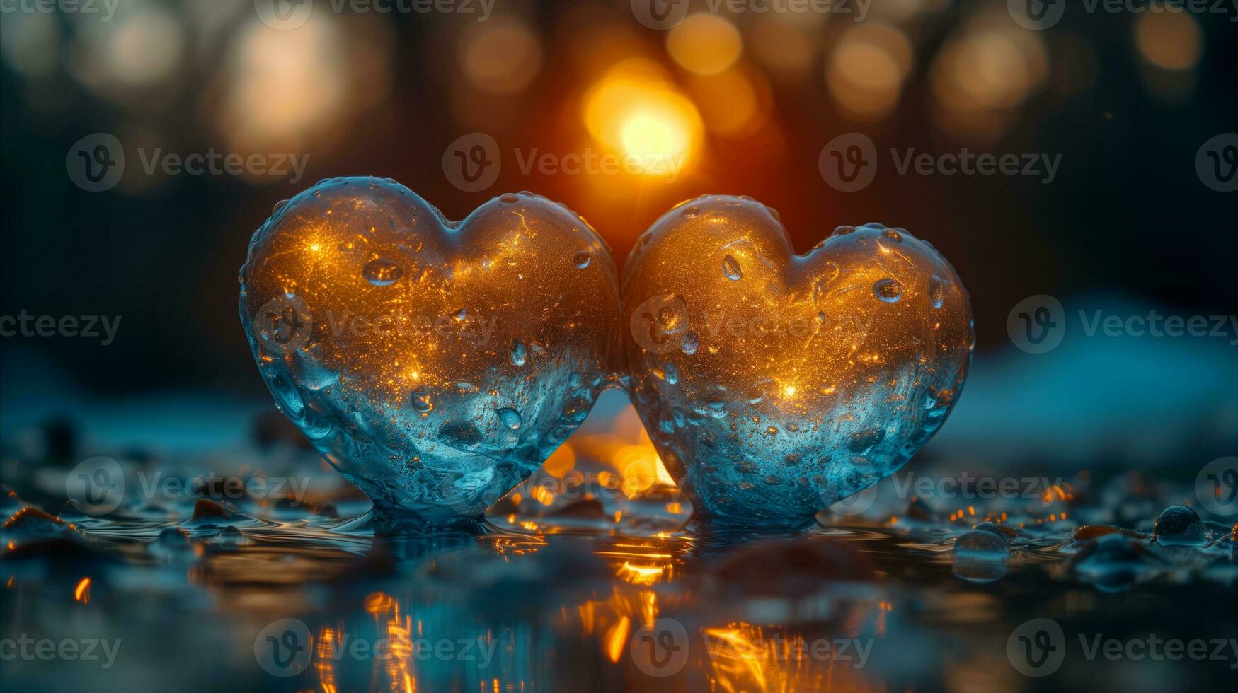 AI generated Two hearts floating in water with the sun shining in the background, creating a serene and romantic atmosphere. photo