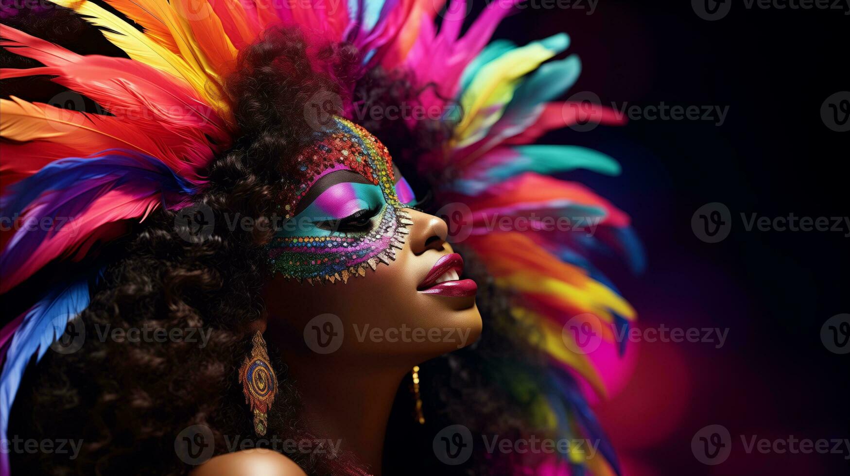 AI generated A stunning woman adorned with vibrant feathers and vibrant makeup. Generative AI photo