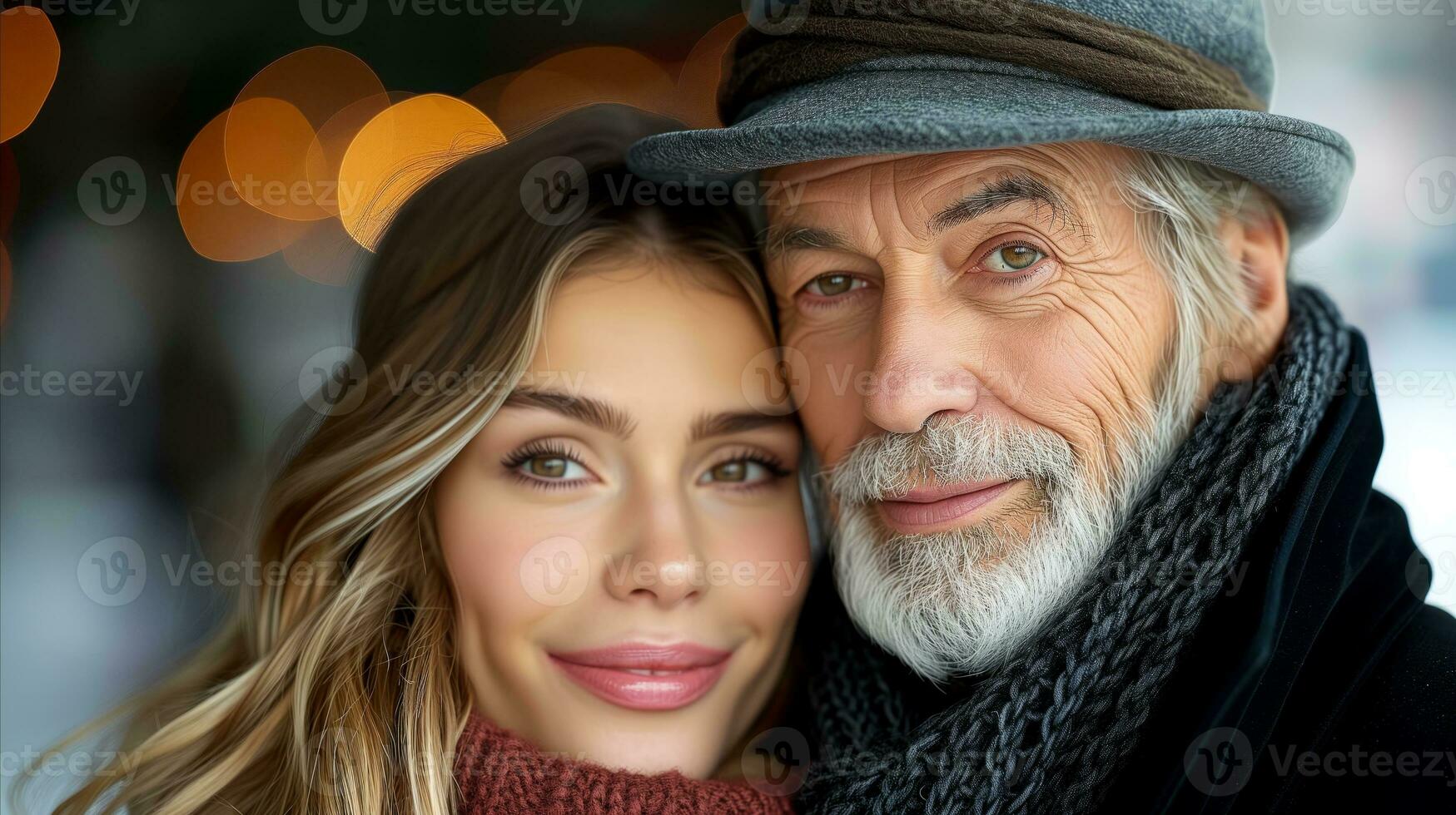 AI generated Affectionate senior man with young woman smiling in winter setting photo