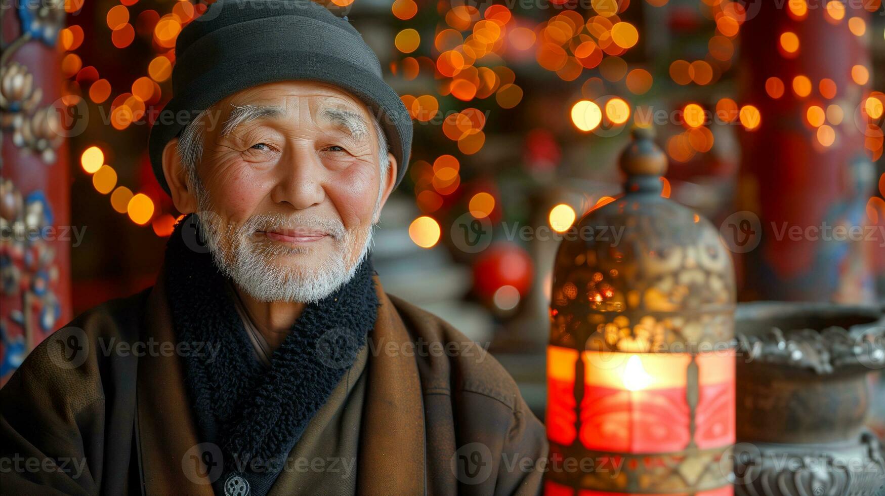 AI generated Elderly asian man smiling gently with festive lights and lantern in background photo