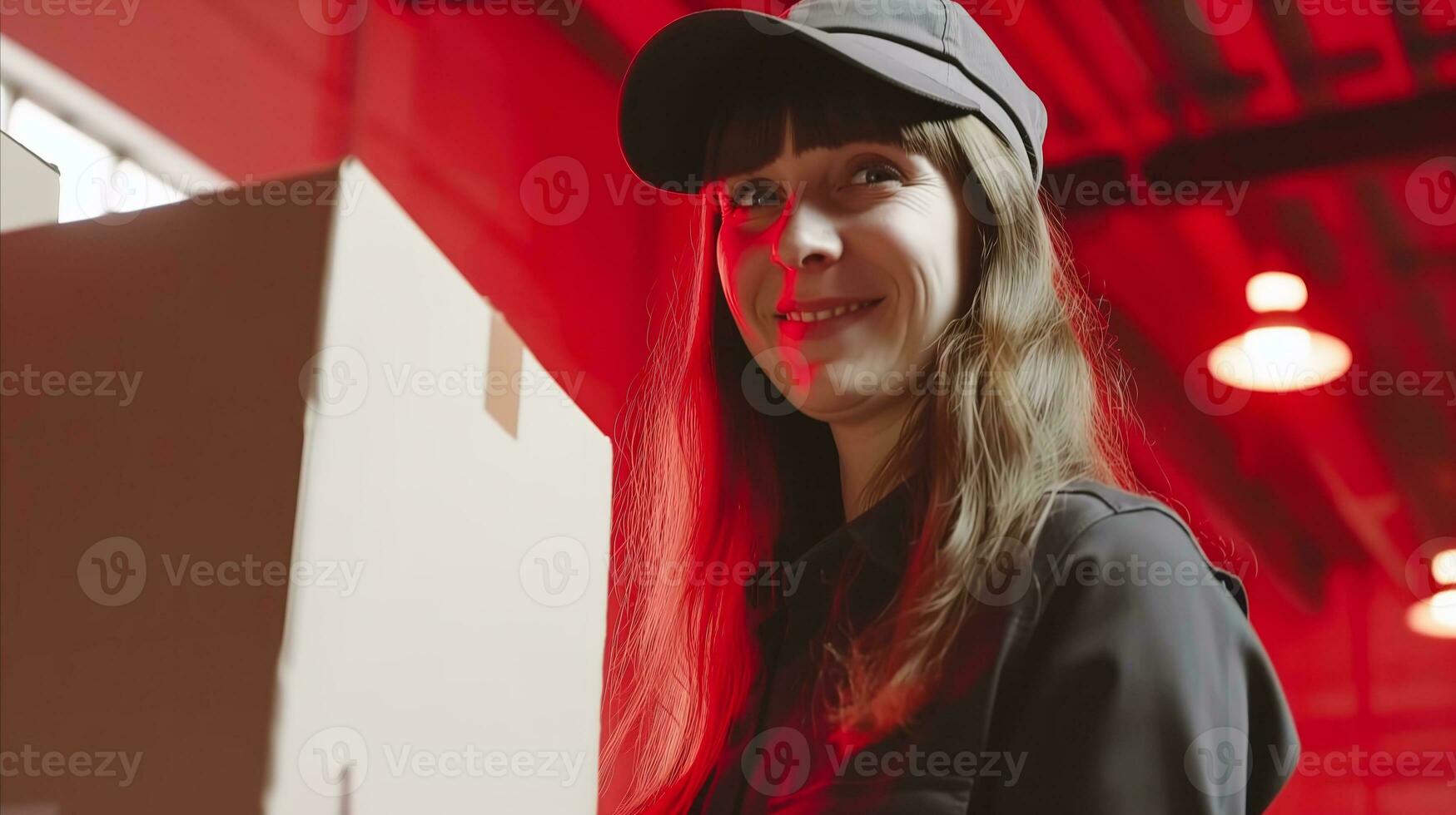 AI generated The young courier woman carrying a cardboard box is smiling. Generative AI photo
