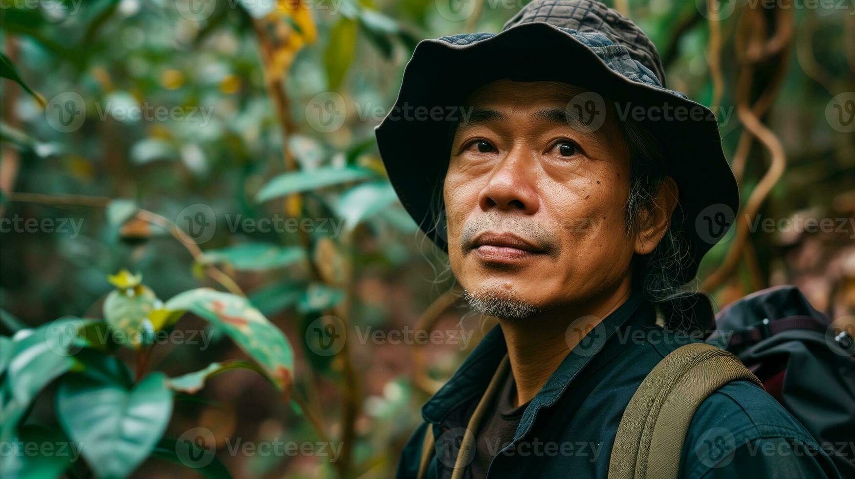 AI generated An Asian man with a hat and backpack exploring the jungle, surrounded by lush greenery and exotic wildlife. Generative AI photo