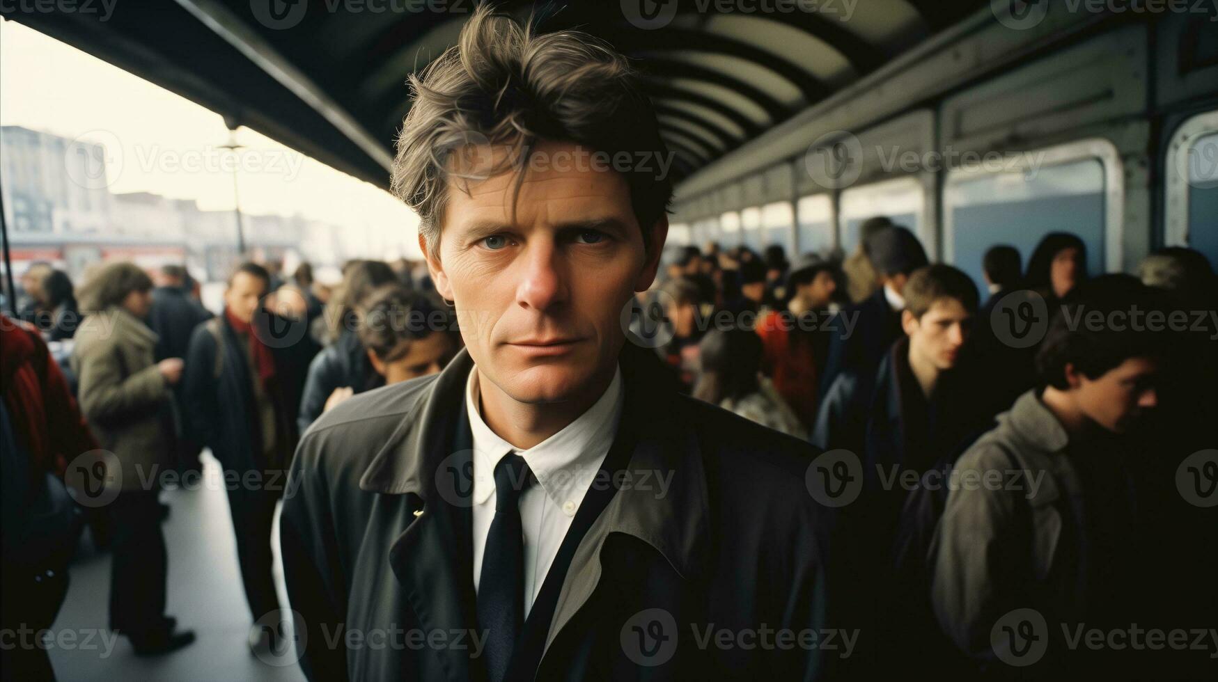 AI generated A businessman waiting to go on a journey in a crowded train station. photo
