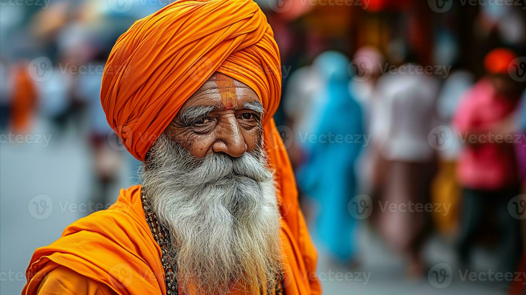 AI generated An elderly man with a turban in orange, symbolizing wisdom and tradition. Generative AI photo