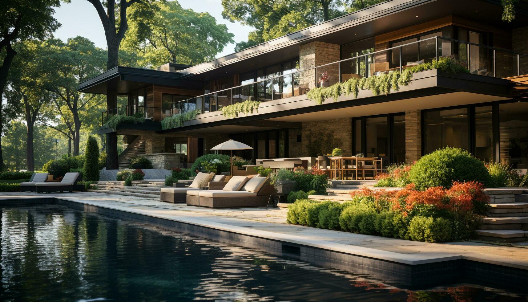 AI generated Modern architecture blends with nature in a luxurious summer retreat generated by AI photo