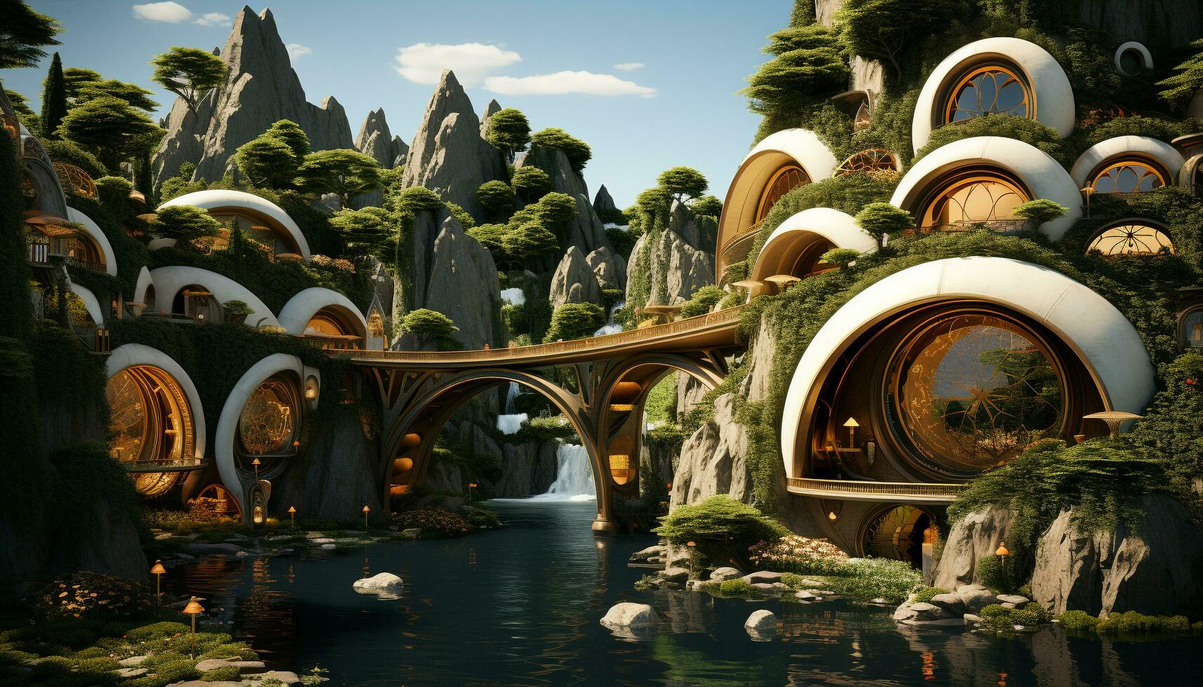 AI generated Tranquil scene of a famous place, reflecting modern architecture at dusk generated by AI photo