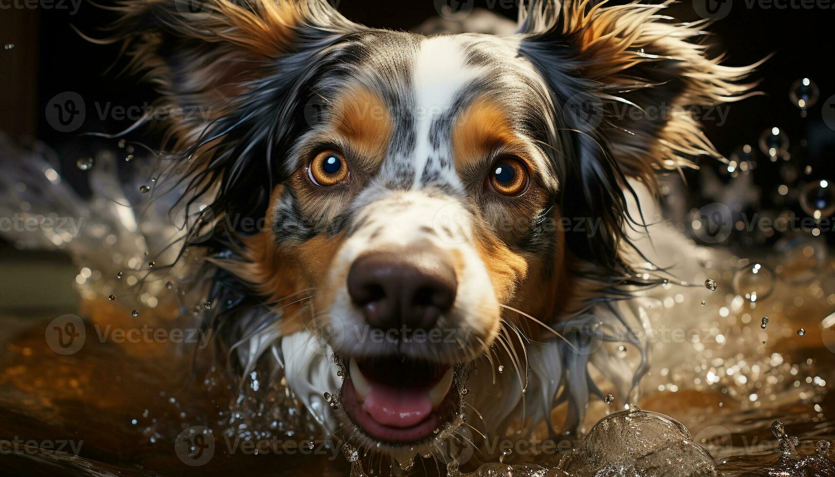 AI generated Cute puppy sitting, wet fur, looking at camera, playful nature generated by AI photo