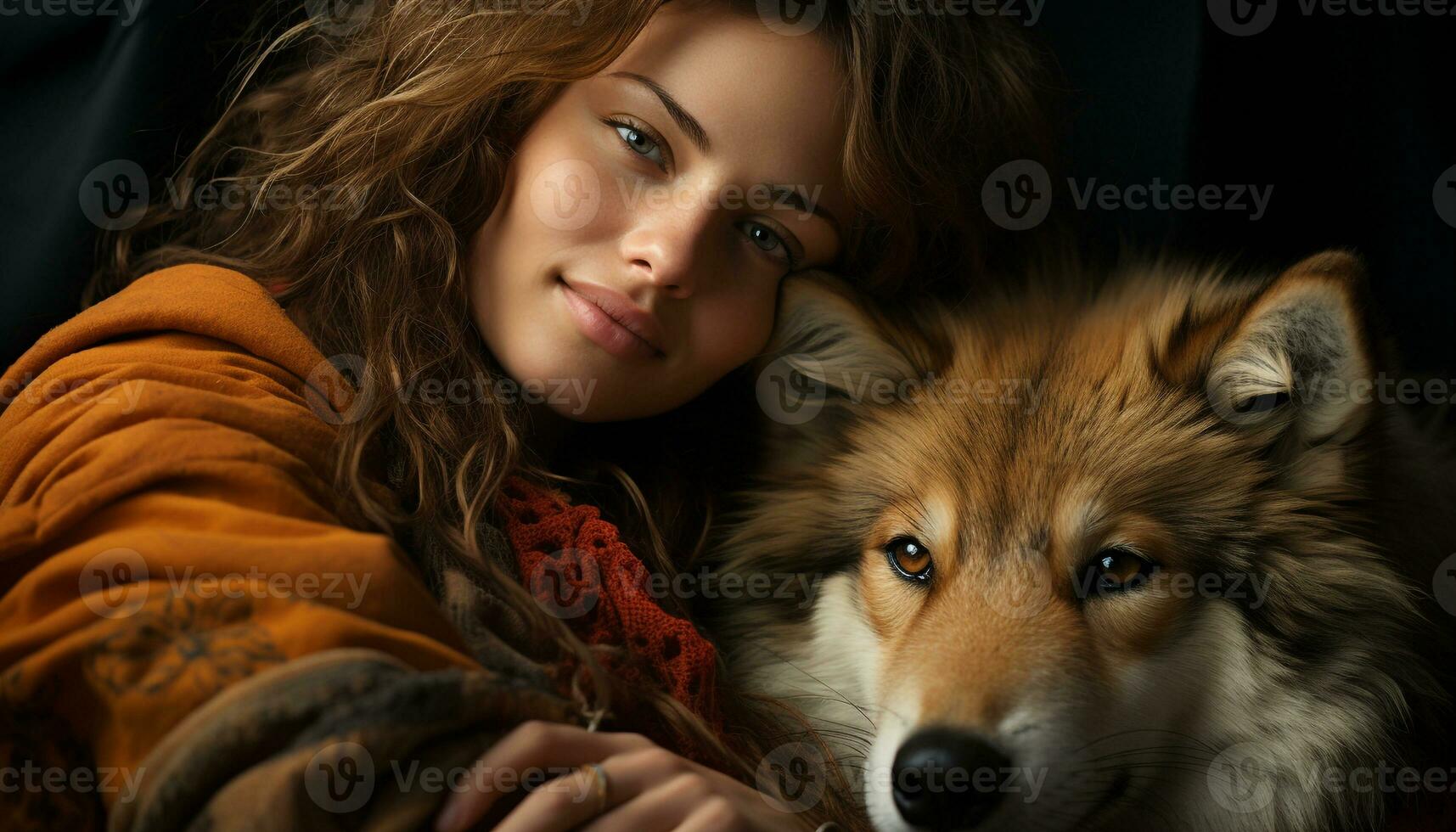 AI generated A cute dog and woman smiling, friendship and happiness captured generated by AI photo