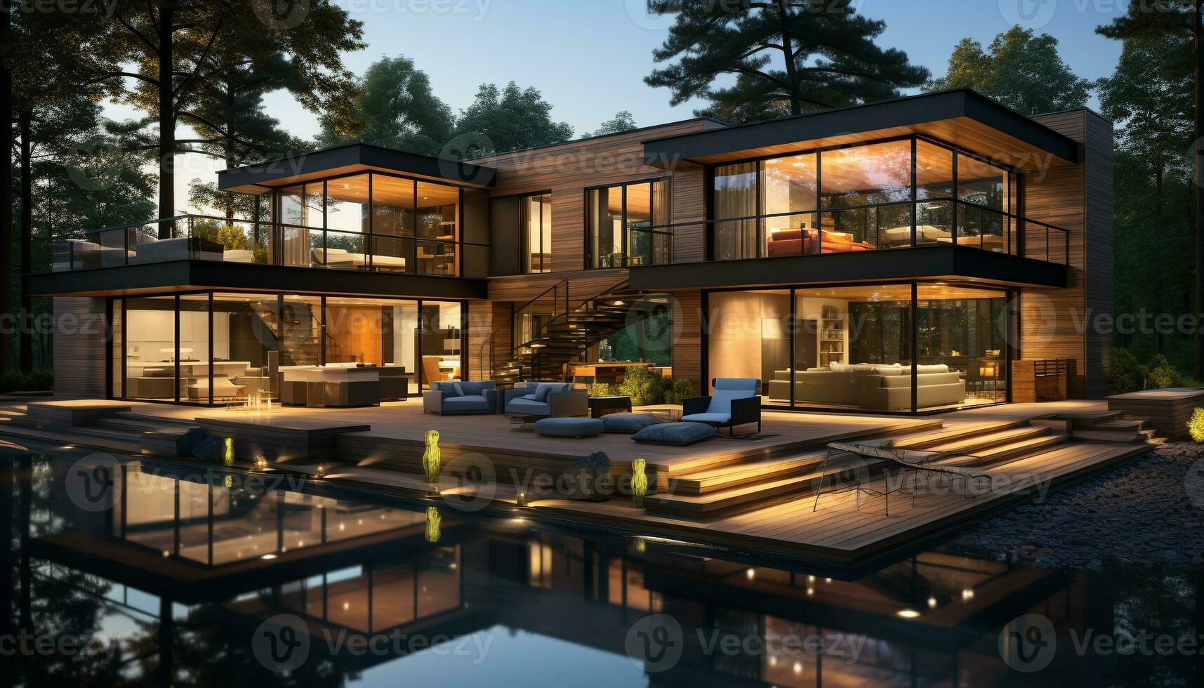 AI generated A luxurious modern home with a stunning pool and cityscape generated by AI photo