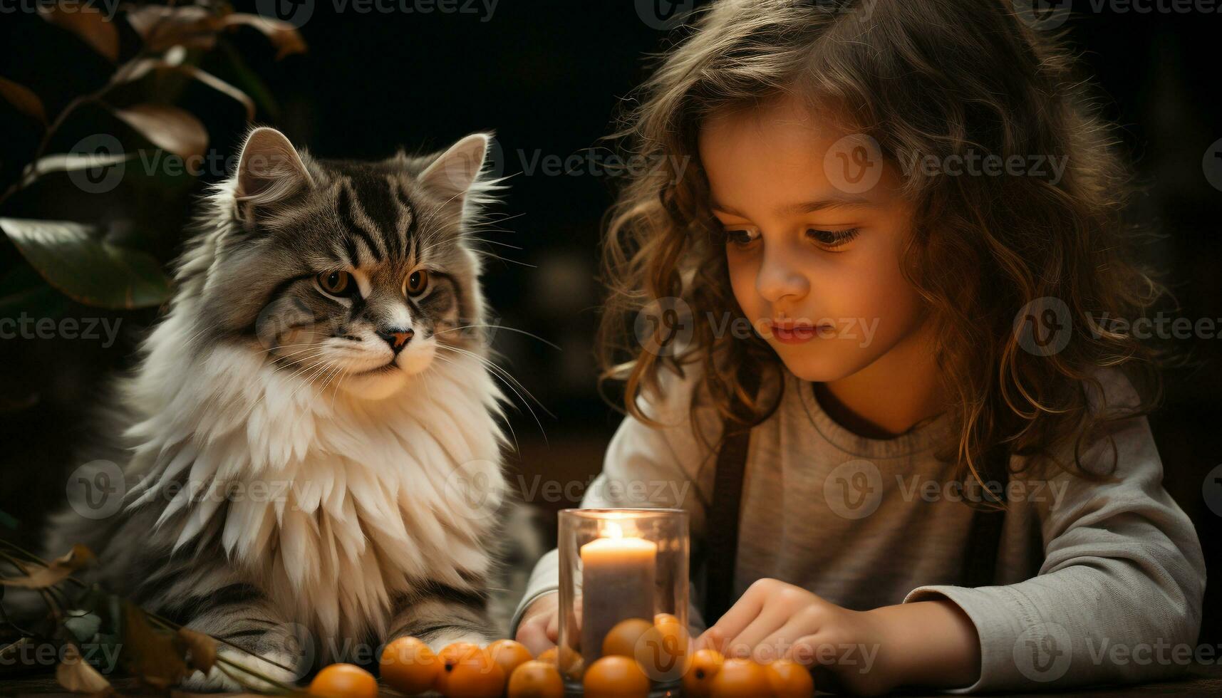 AI generated Cute child smiling, playing with small kitten, surrounded by nature generated by AI photo