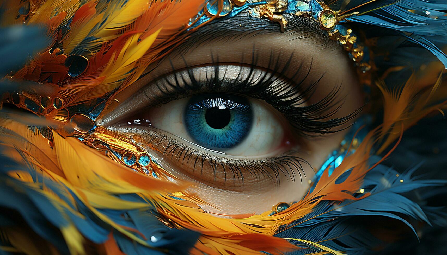 AI generated Feathered elegance, vibrant colors, beauty in a woman eye generated by AI photo