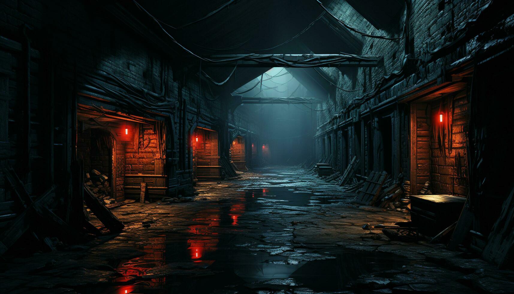 AI generated The spooky old ruin illuminated the dark abandoned underground corridor generated by AI photo