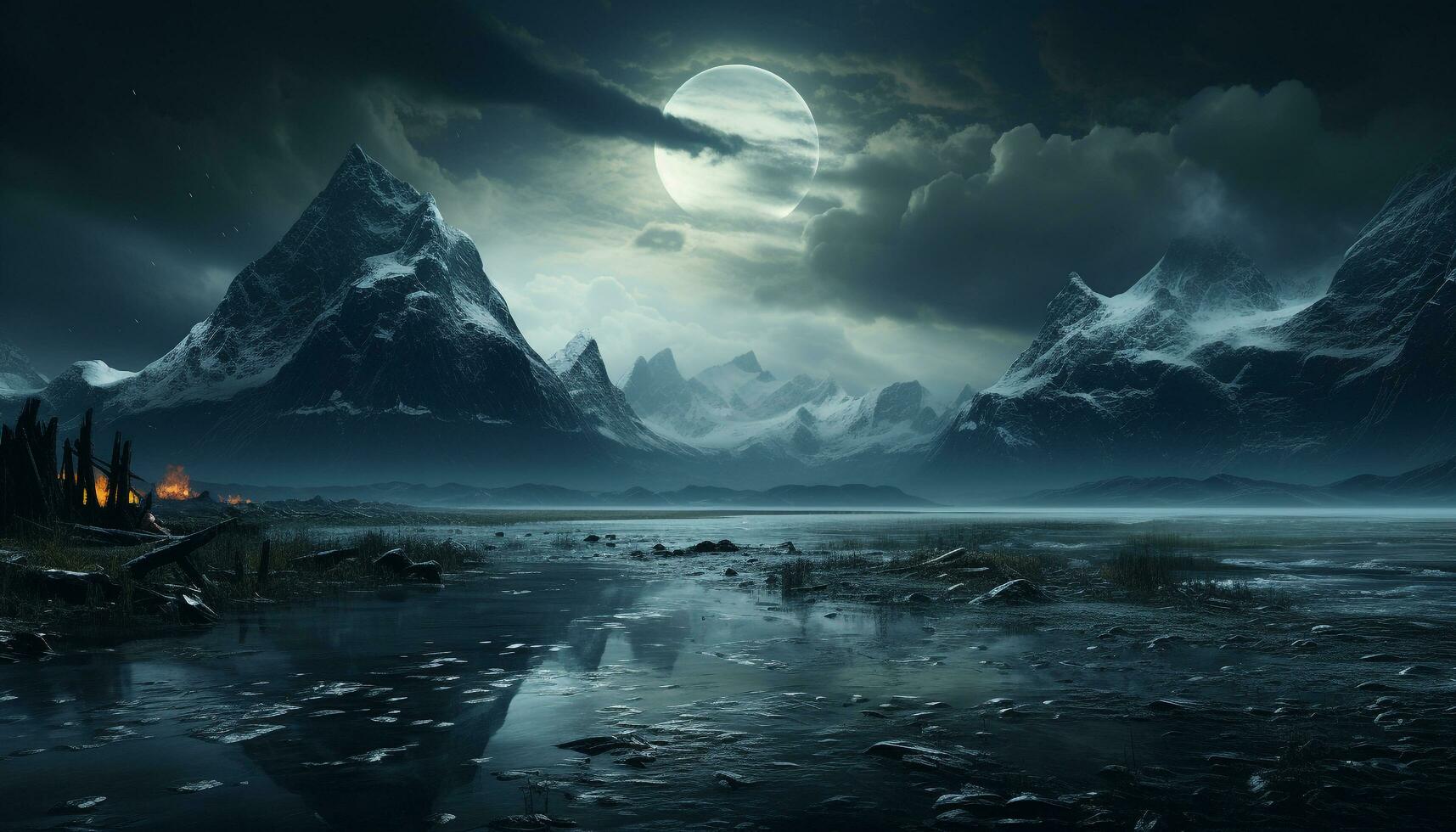 AI generated Majestic mountain peak reflects beauty in nature dark, icy landscape generated by AI photo