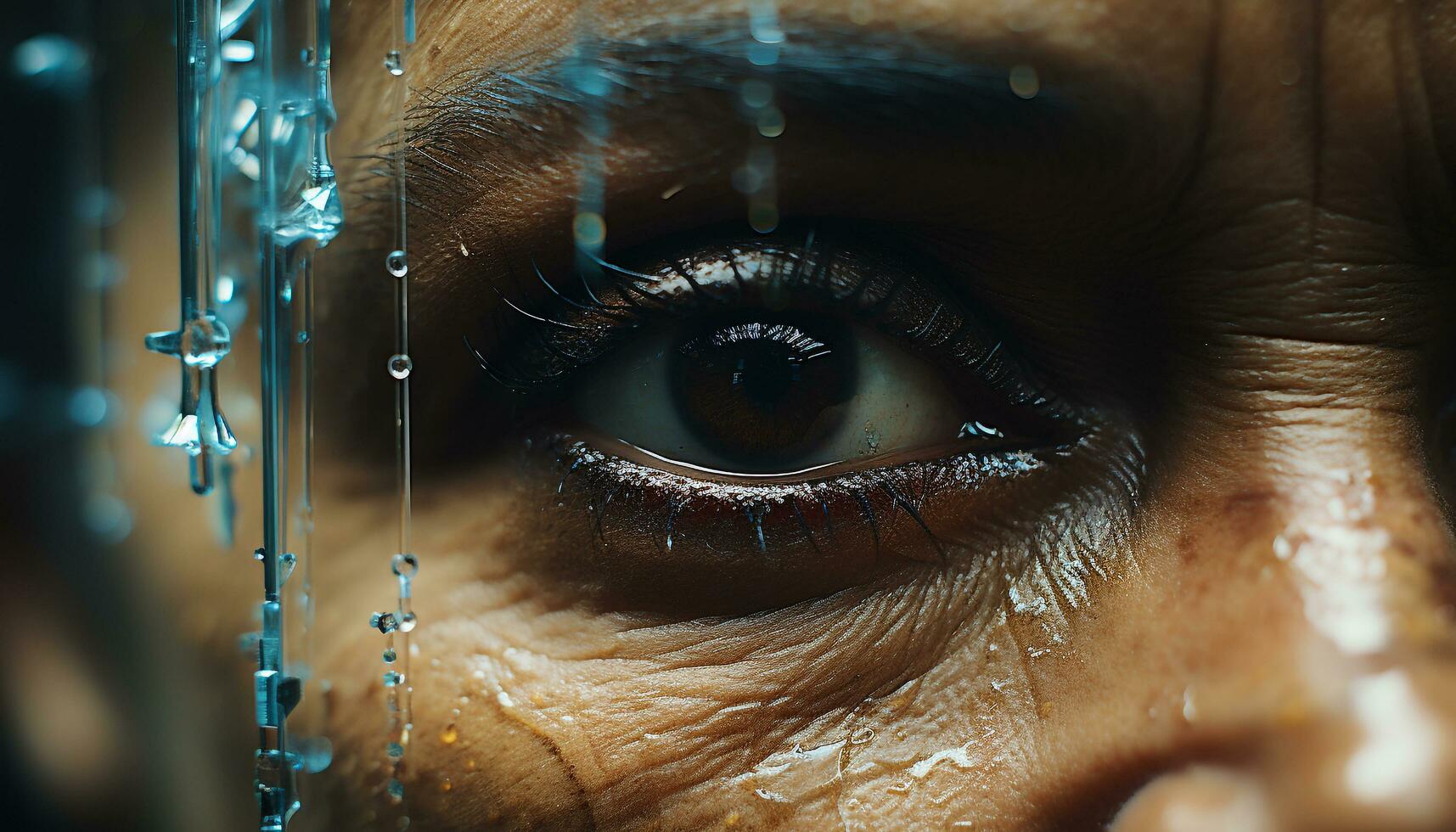 AI generated A young woman wet brown eye looking at camera generated by AI photo