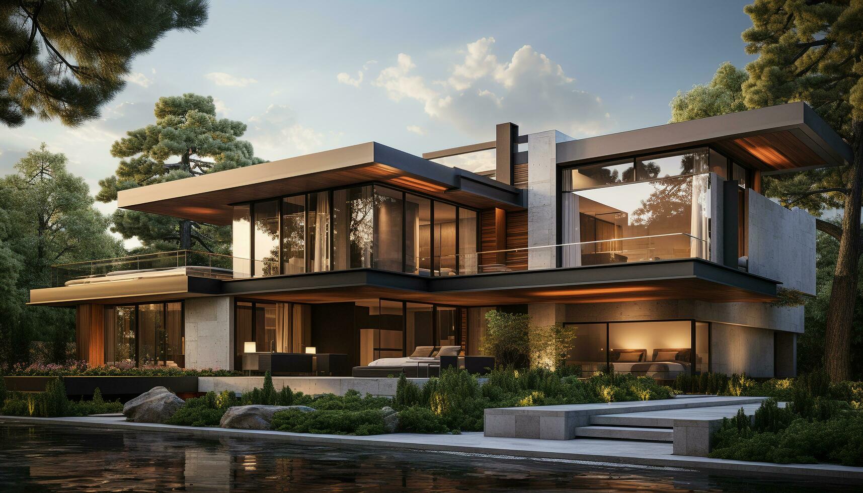 AI generated Modern architecture, building exterior, night, tree, grass, home ownership, window, dusk, built structure, luxury generated by AI photo