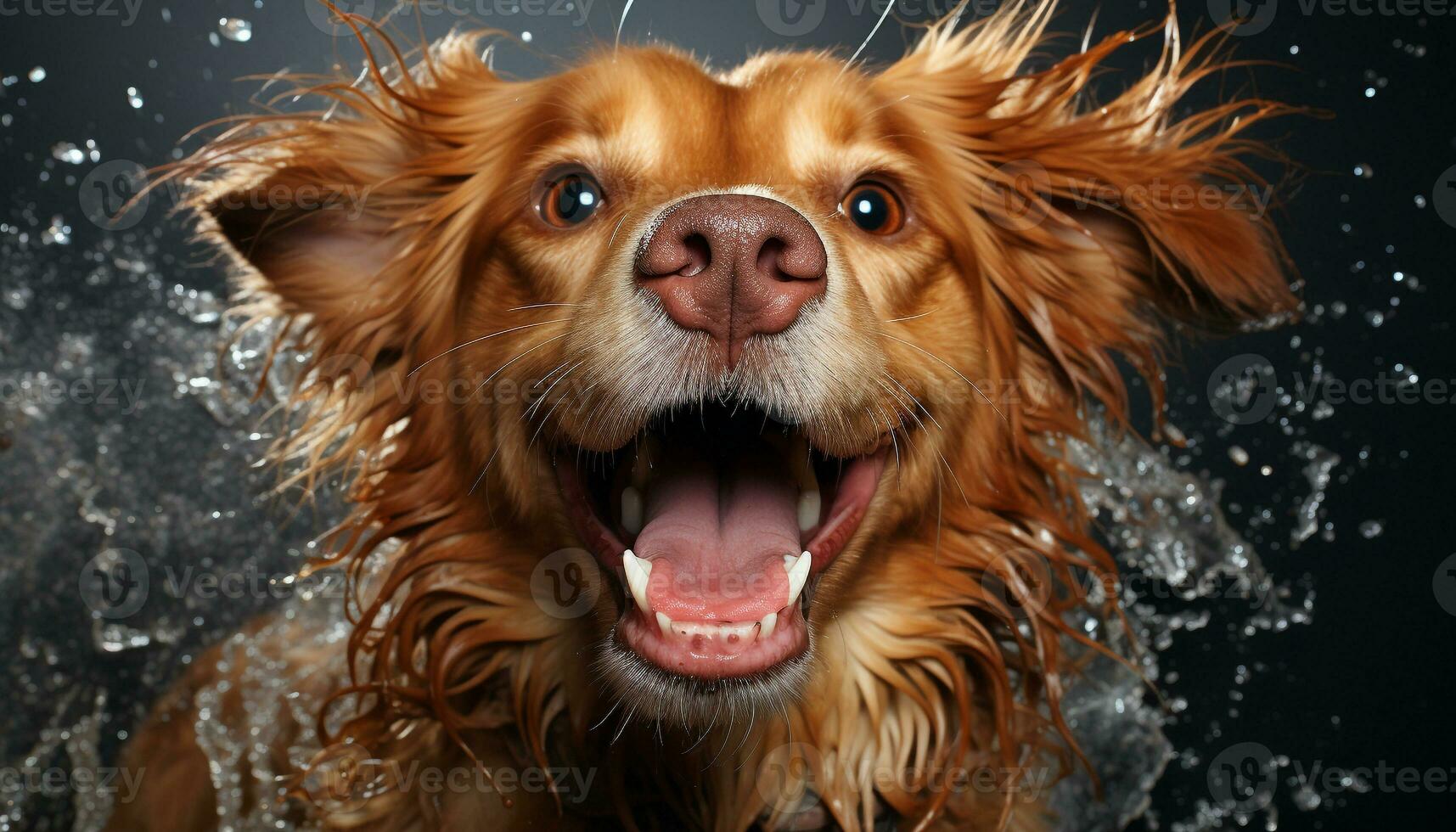 AI generated A wet puppy cleans its fur, splashing water in fun generated by AI photo