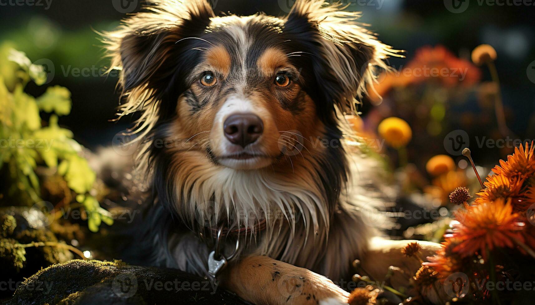 ai generado linda perrito sentado en césped, mirando a cámara con lealtad generado por ai foto